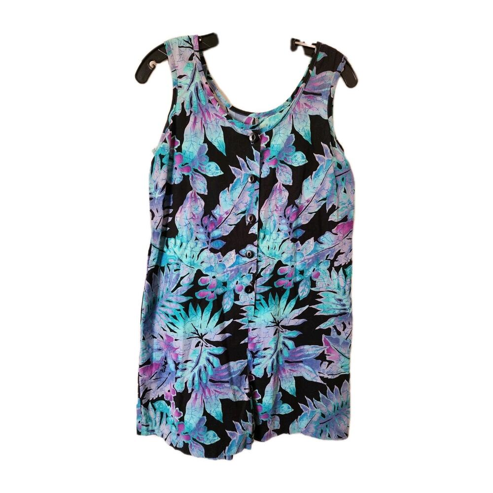 VTG 90s Hilo Hattie Blue Floral Batik Romper Shorts Jumper Sz Small Hawaii USA